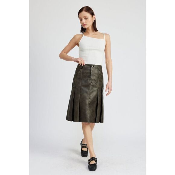 En Saison Drew Vegan Leather Low Rise Midi Skirt With Pleats  Size S NWT$118 - Picture 1 of 8